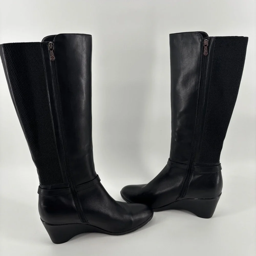 Blondo Womens Knee High Wedge Boots 11M Black Leather Waterproof Rainy Day Chic